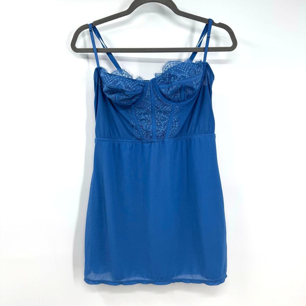 Urban Outfitters Brenna Mini Corset Dress L Blue Mesh Lace Chemise Slip Grunge
